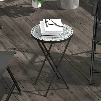 Mosaic Outdoor Garden Table, 35.5cm Round Folding Coffee Table with Metal Frame for Balcony Terrace, Green