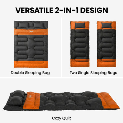Double Sleeping Bag with 2 Pillows, 220 x 160 cm Extra-Large Sleeping Bag for Adults, Grey and Orange