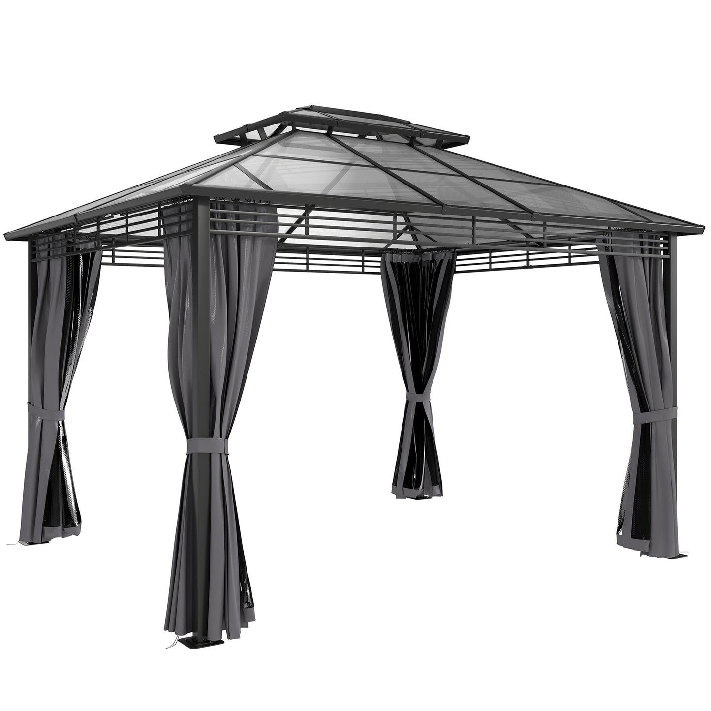 3 x 3.6 m Outdoor Hardtop Gazebo Canopy with 2-Tier Roof, Permanent Pavilion Garden Metal Gazebo with Sides, Dark Grey