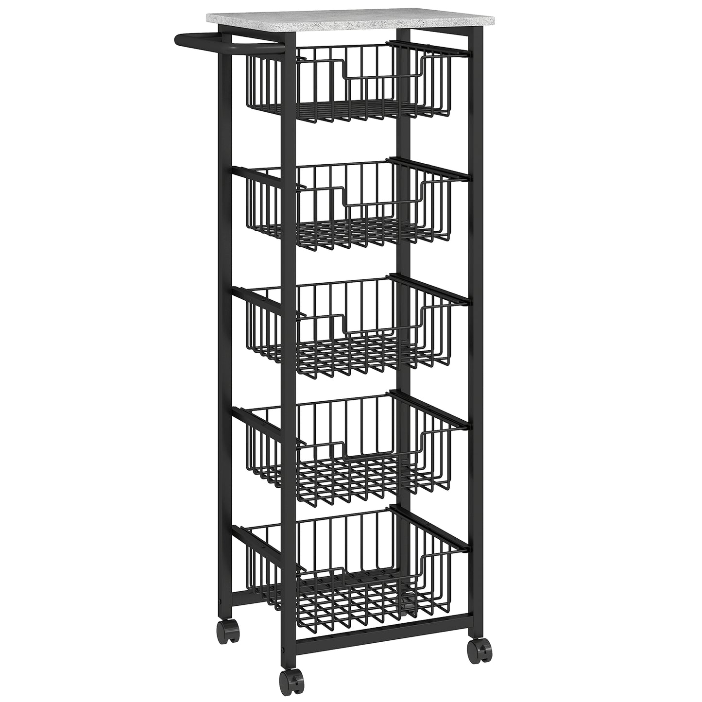 Five Basket Mobile Kitchen Island, with Brakes - Grey/Black