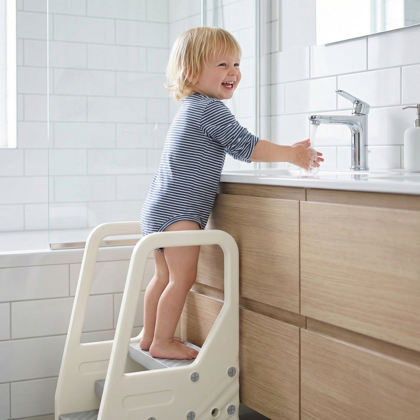 Adjustable 3 Step Toddler Tower with Handles, Non-slip Surface and Foot Pads, Grey