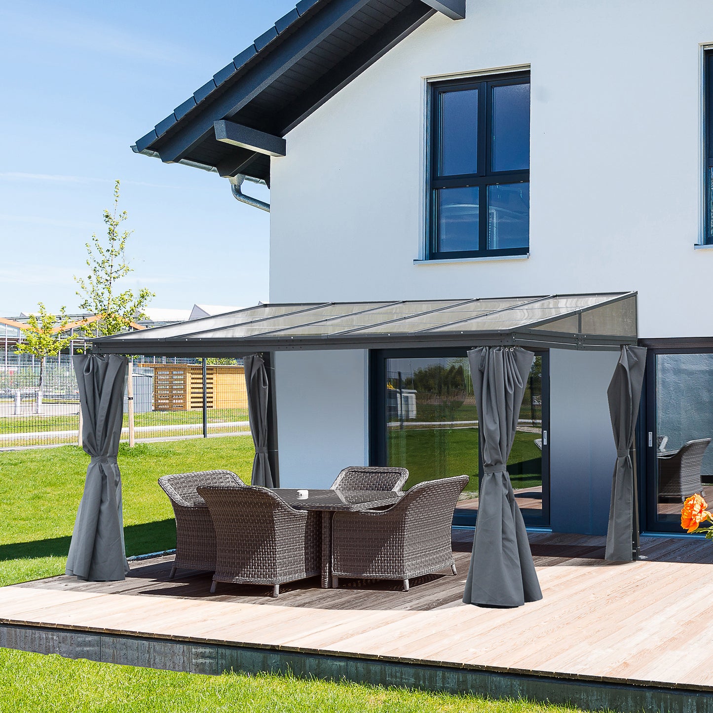 4 x 3(m) Outdoor Hardtop Gazebo with Curtains, Lean to Aluminium Pergola with Polycarbonate Roof