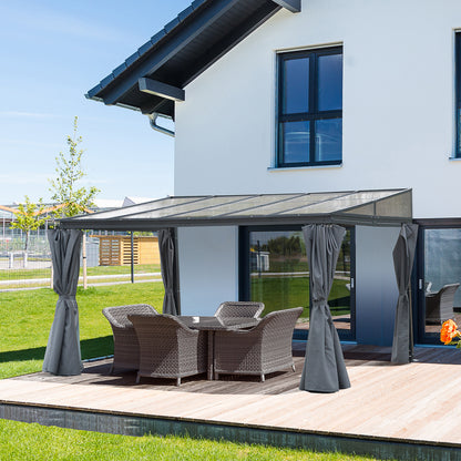 4 x 3(m) Outdoor Hardtop Gazebo with Curtains, Lean to Aluminium Pergola with Polycarbonate Roof