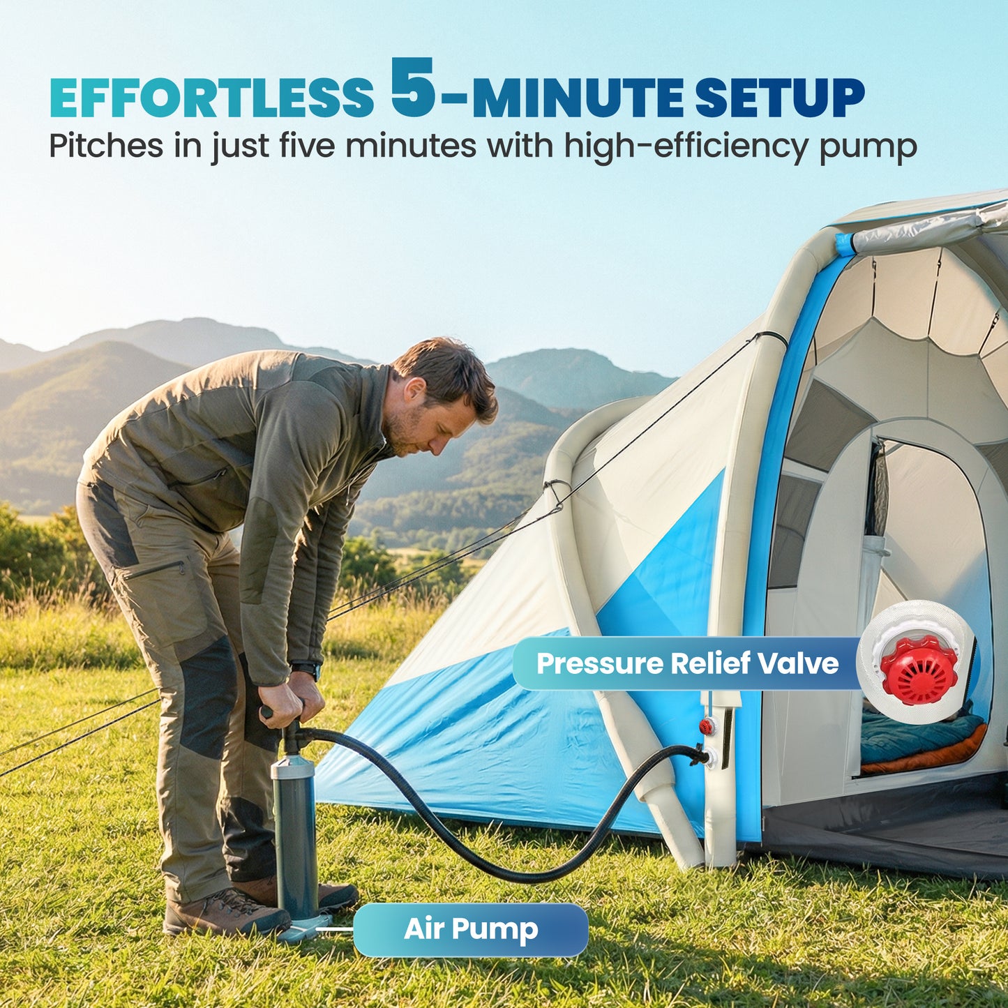 Inflatable Tent 2 Bedroom Tunnel Design Windproof Air Tent with Carry Bag for 4 Person