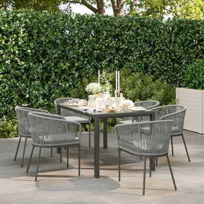 Rattan Dining Set, 6 Seater Rattan Garden Furniture Set with Acacia Wood Top Rectangle Table, 6 Chairs