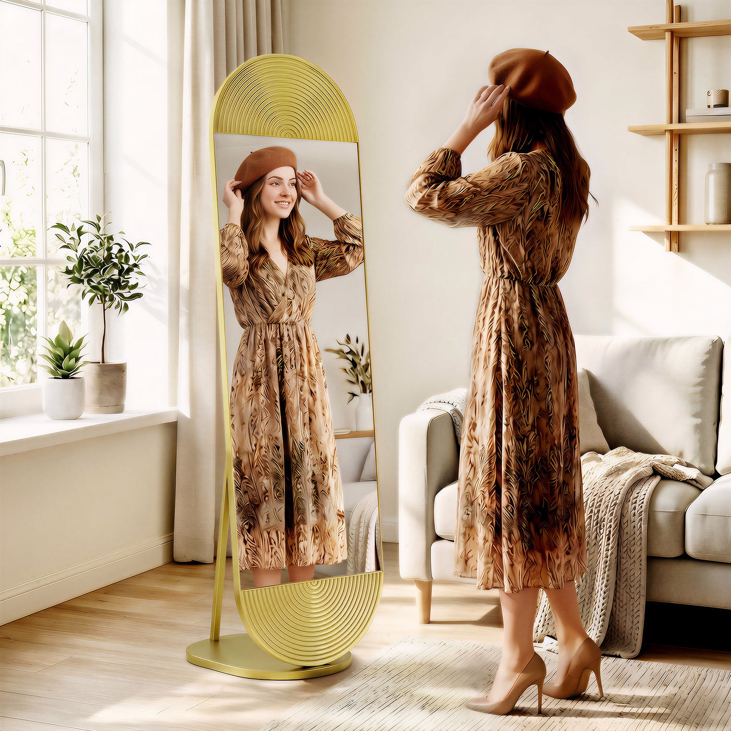 50 x 161 cm Wavy Full Length Mirror, Free Standing Mirror with Metal Frame and Solid Base, Gold Tone