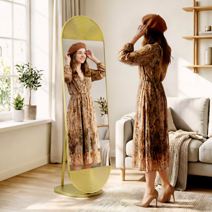 50 x 161 cm Wavy Full Length Mirror, Free Standing Mirror with Metal Frame and Solid Base, Gold Tone