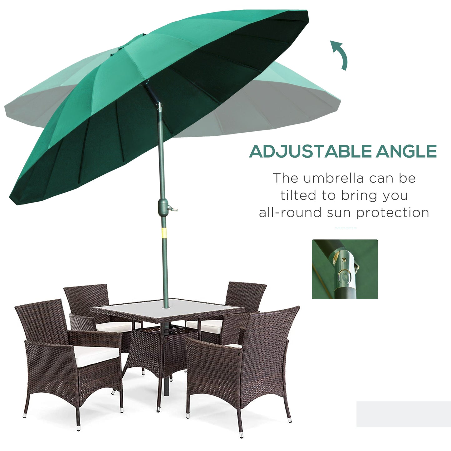 2.5m Shanghai Garden Parasol Umbrella with Crank & Tilt, Adjustable Outdoor Sun Shade, Green