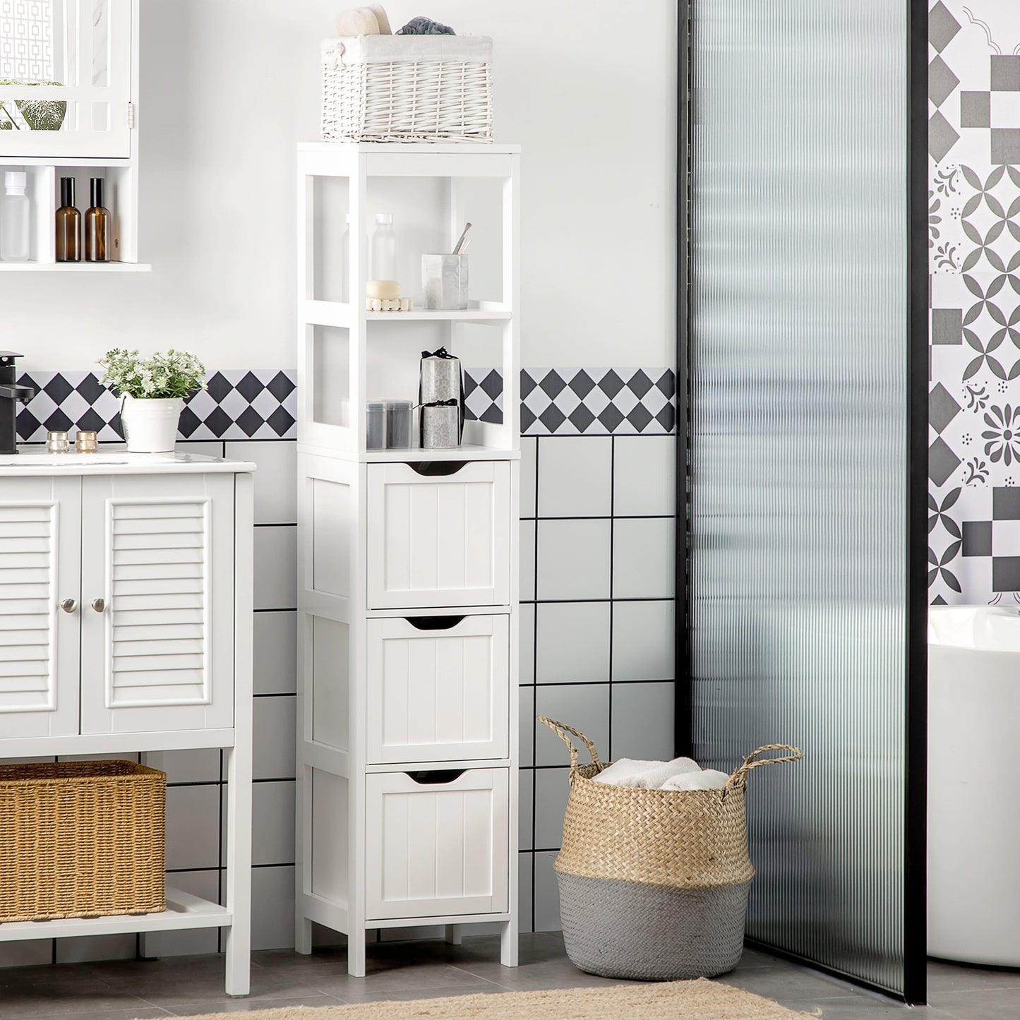 Narrow Floor Cabinet, Bathroom Cabinet with 3 Drawers and 2 Open Shelves, 30W x 30D x 141.6Hcm, White