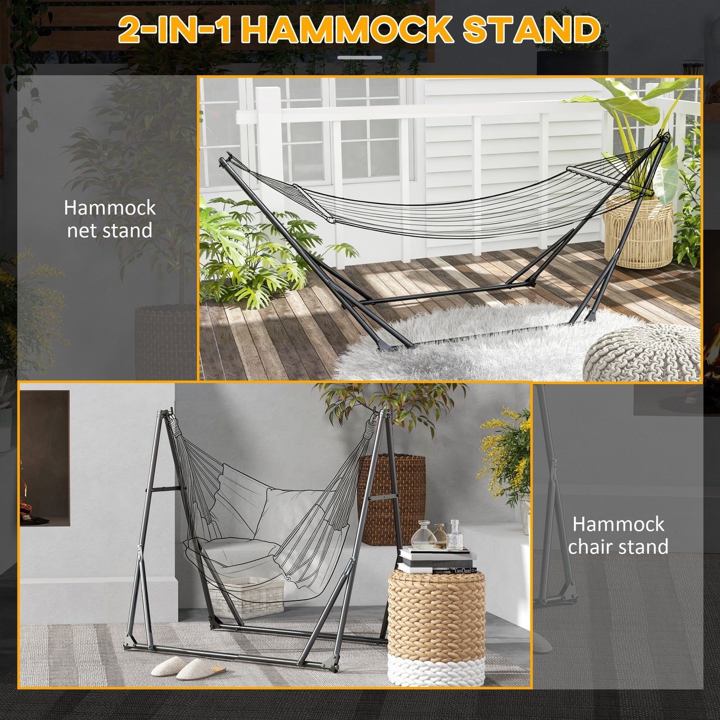 Foldable Hammock Stand, Portable Hammock with Metal Frame, 2 in 1 Hammock Net Stand, Hammock Chair Stand with Carry Bag