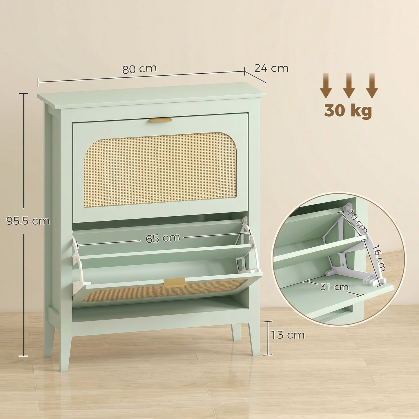 Narrow Shoe Cabinet, Boho Slim Shoe Storage Cabinet with 2 Flip Drawers, Holds 14 Pairs, Light Green