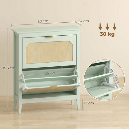 Narrow Shoe Cabinet, Boho Slim Shoe Storage Cabinet with 2 Flip Drawers, Holds 14 Pairs, Light Green