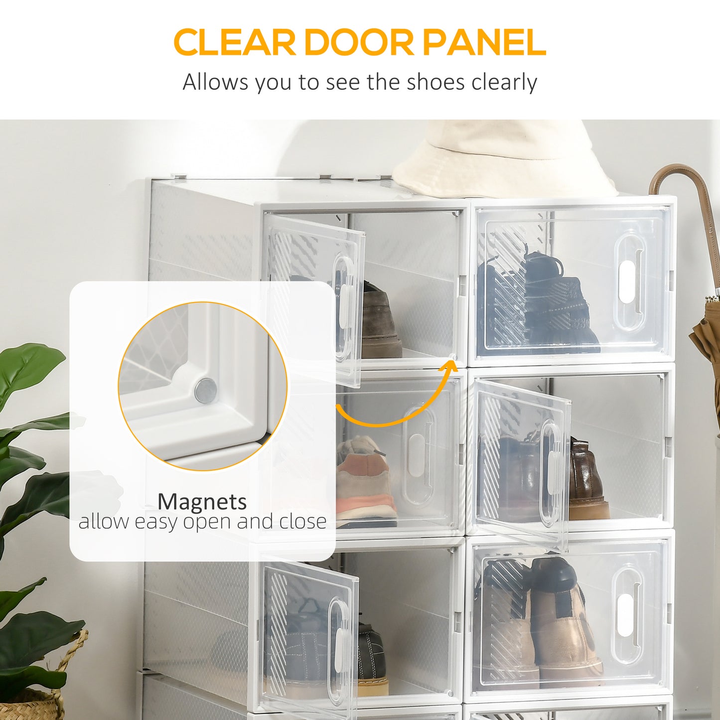8PCS Clear Shoe Box, Plastic Stackable Shoe Storage Box for UK/EU Size up to 12/46 with Magnetic Door for Women/Men