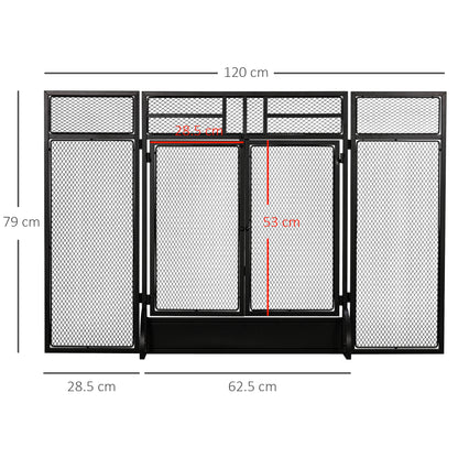 3-Panel Folding Fireplace Screen with Door, Freestanding Spark Guard, Metal Mesh Fireguard, Black