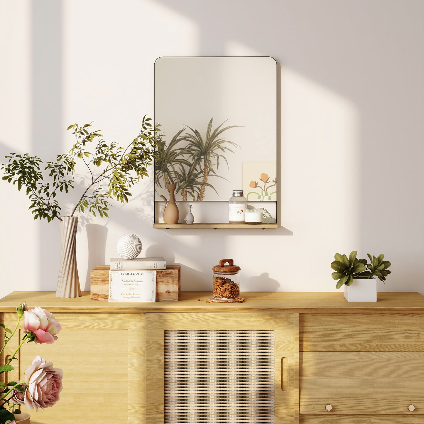 Wall Mirror with Wood Shelf - Black