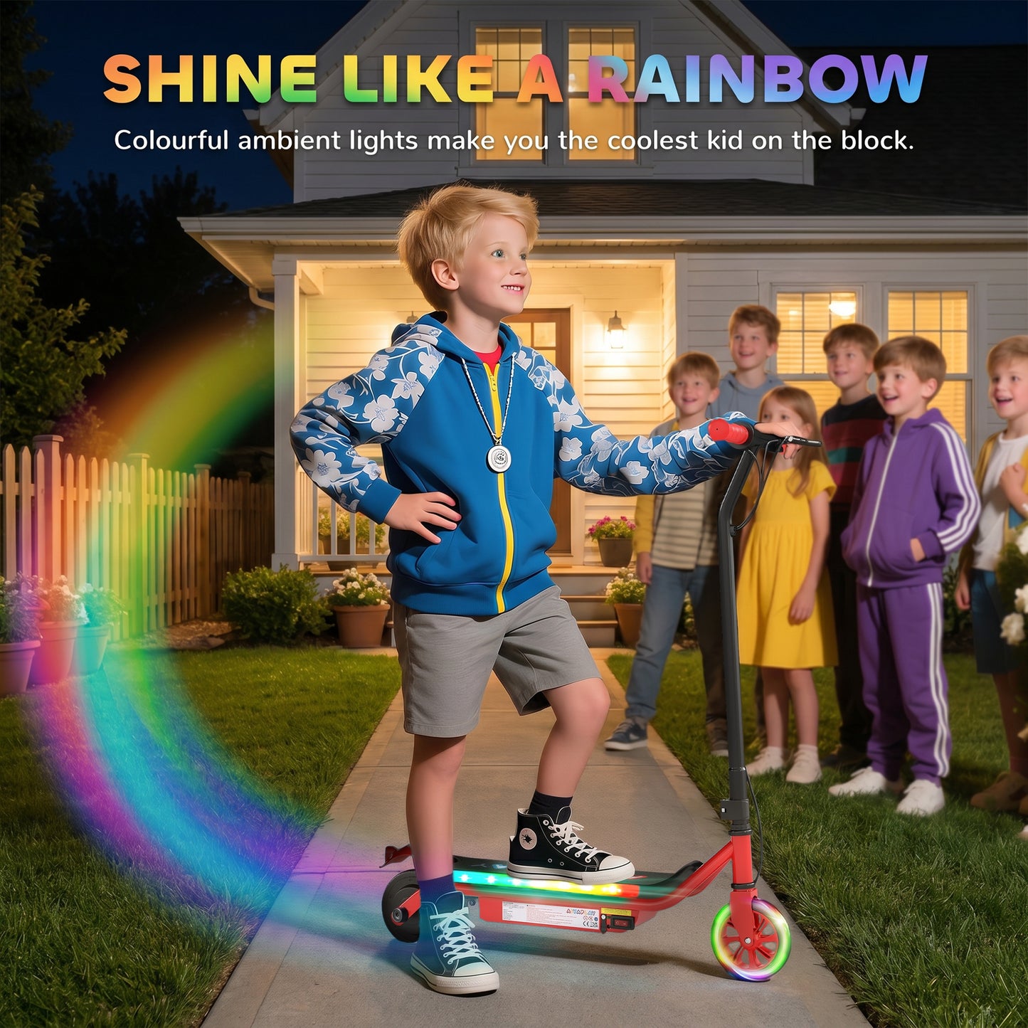 Electric Scooter for Kids Aged 6-14 Years, with Colourful Lights, Red