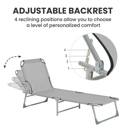 Reclining Sun Lounger Chair Folding Camping Bed with 4-Position Adjustable Backrest, Grey