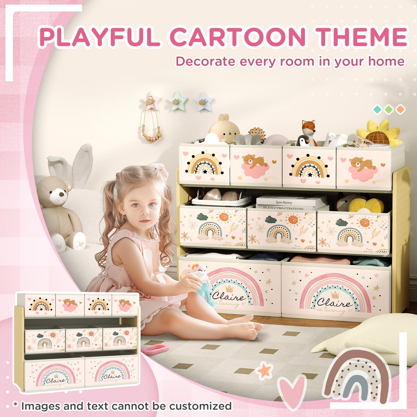 3-Tier Kids Storage Unit with 9 Non-Woven Fabric Boxes for Toys, Books, for Bedroom, Nursery, Yellow
