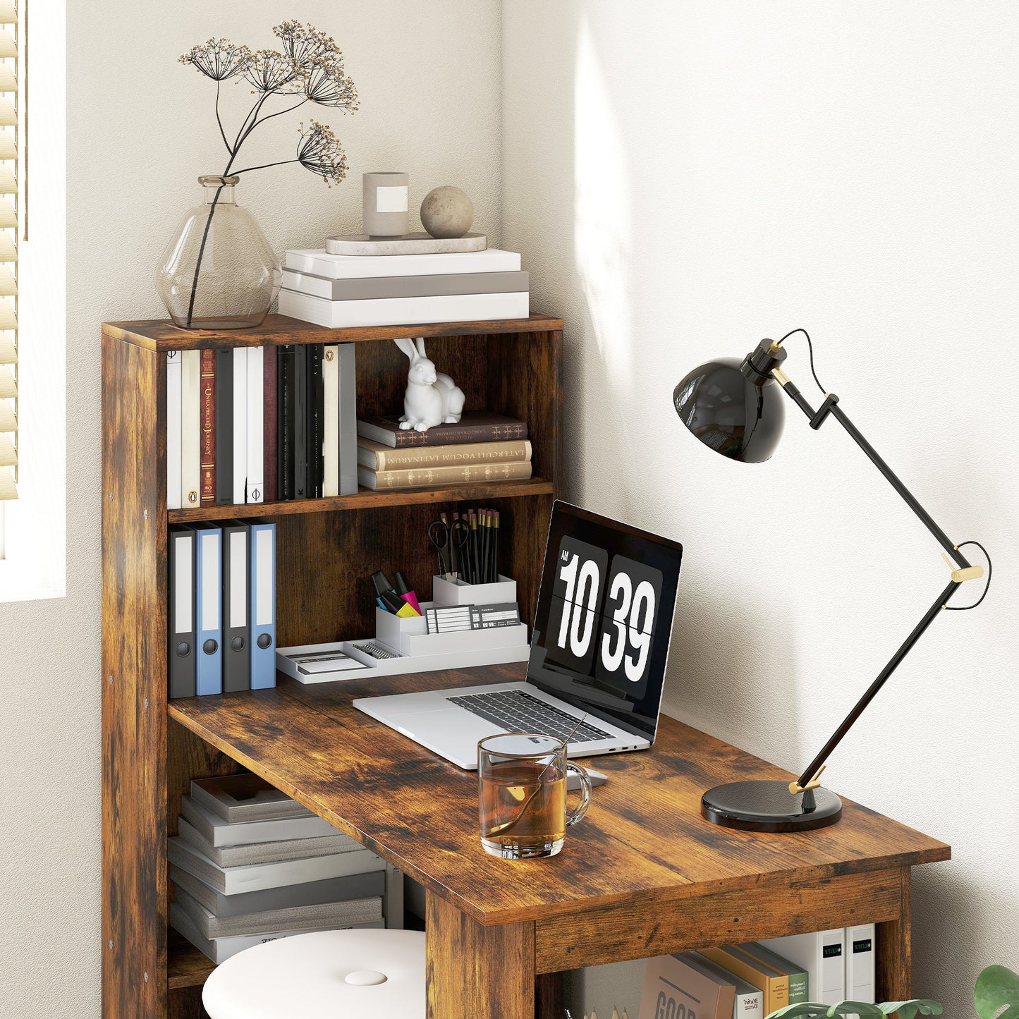 120cm Computer Desk, Wooden PC Laptop Table with 6-Tier Storage Bookshelves, Home Office Working Study Desk