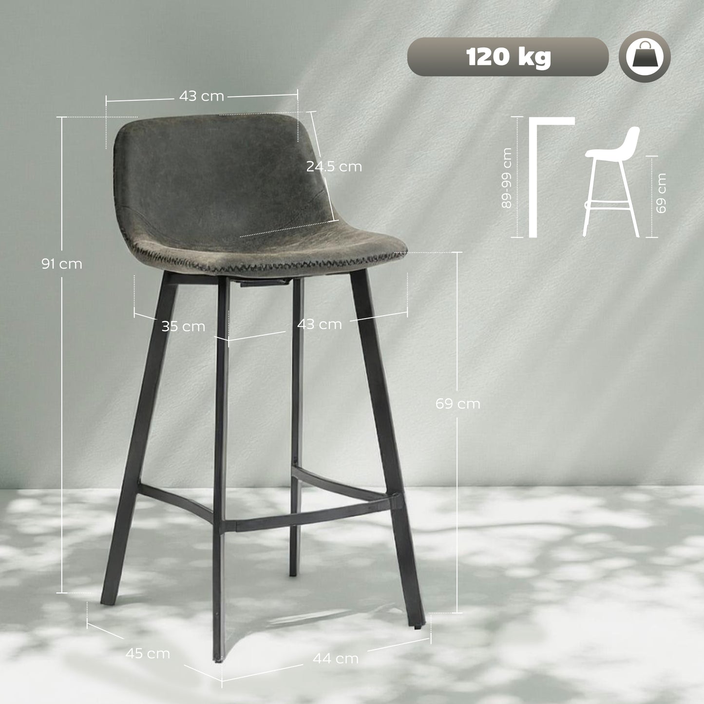 Bar Stools Set of 2, PU Leather Dining Stools with Backrest, Footrest, for Kitchen, Counter, Breakfast Bar, Grey