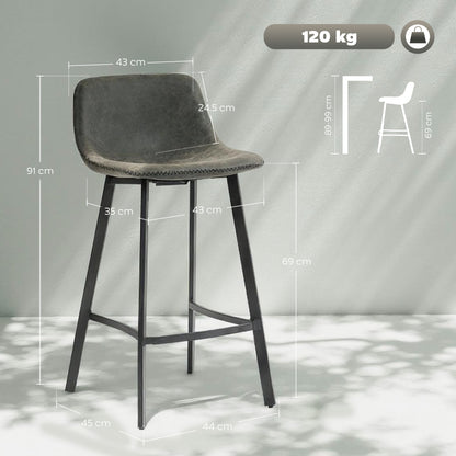 Bar Stools Set of 2, PU Leather Dining Stools with Backrest, Footrest, for Kitchen, Counter, Breakfast Bar, Grey