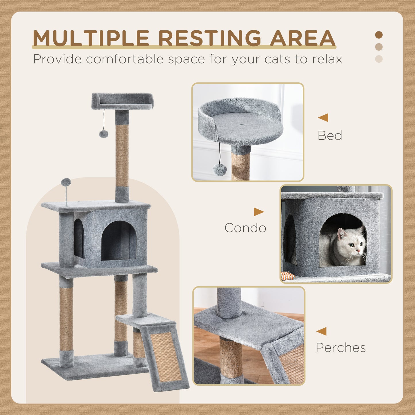 Cat Tree Tower 142cm Climbing Kitten Activity Center with Jute Scratching Post Board, Removable Felt Hanging Toy, Grey