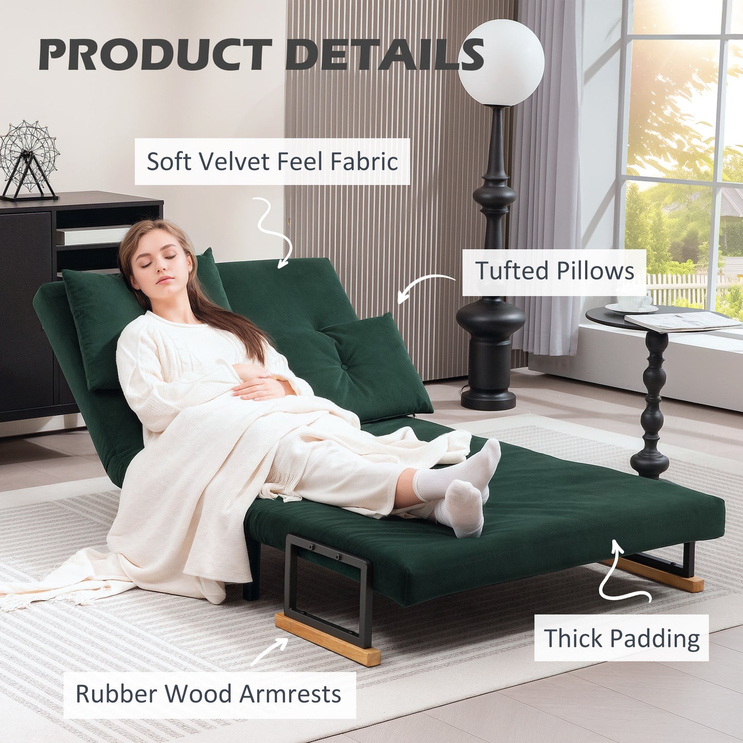 4-in-1 Velvet-Feel Double Sofa Bed, with Pillows - Green