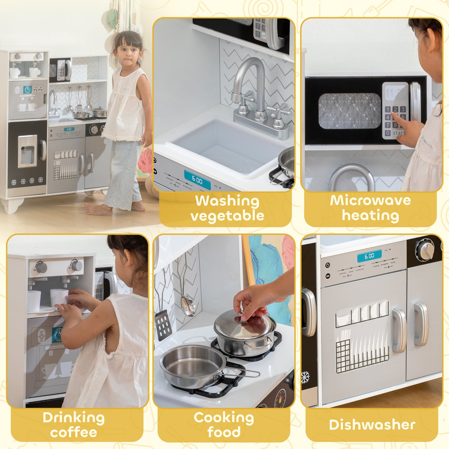 Kids Play Kitchen with Sound, Ice/Coffee Maker, Utensils, Microwave, Stainless Steel Utensils, for 3-6 Years