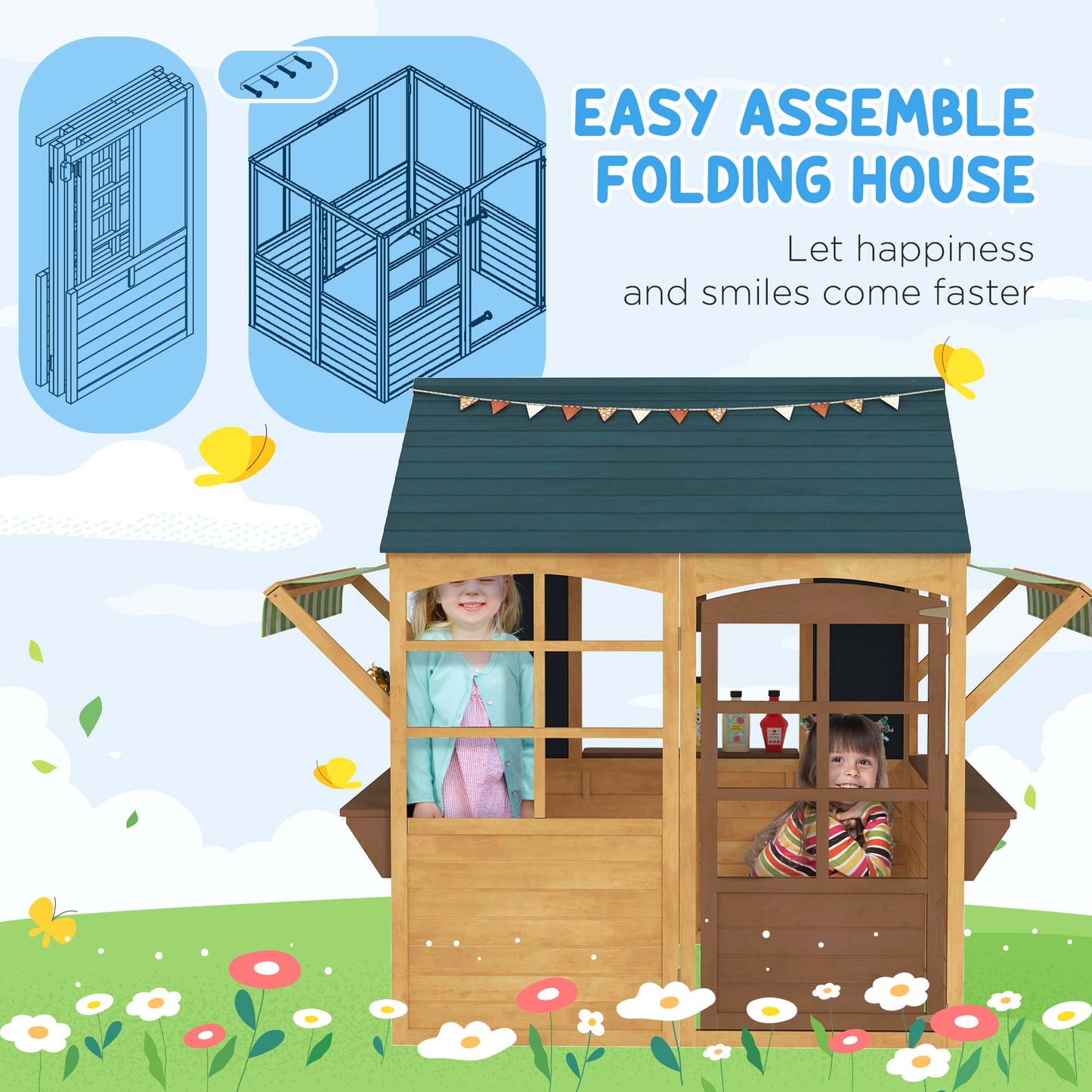 Wooden Playhouse for Kids, Foldable Wendy House with Windows, Working Door, Service Stations, Rain Covers, Brown