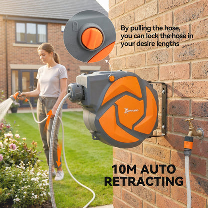 10m Garden Hose Reel Wall Mounted Auto Rewind with 7 Patterns Spray Nozzle, Includes Wall Fixings, Orange