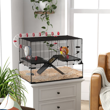 Gerbil Cage, Dwarf Hamster Cage, with Deep Glass Bottom, Tunnels, Ramps, Hut, Exercise Wheel, 78.5 x 48.5 x 57cm