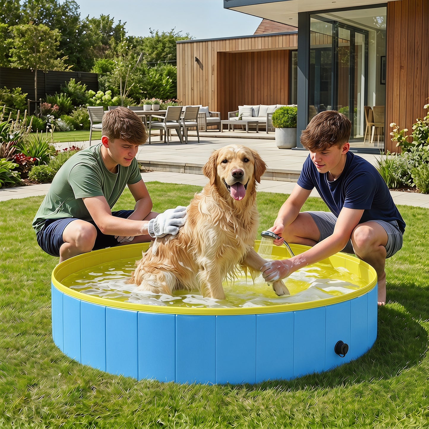 Foldable Dog Pool for Puppies and Ducks Dog Paddling Pool Bath Tub, Blue, 140 x 30cm