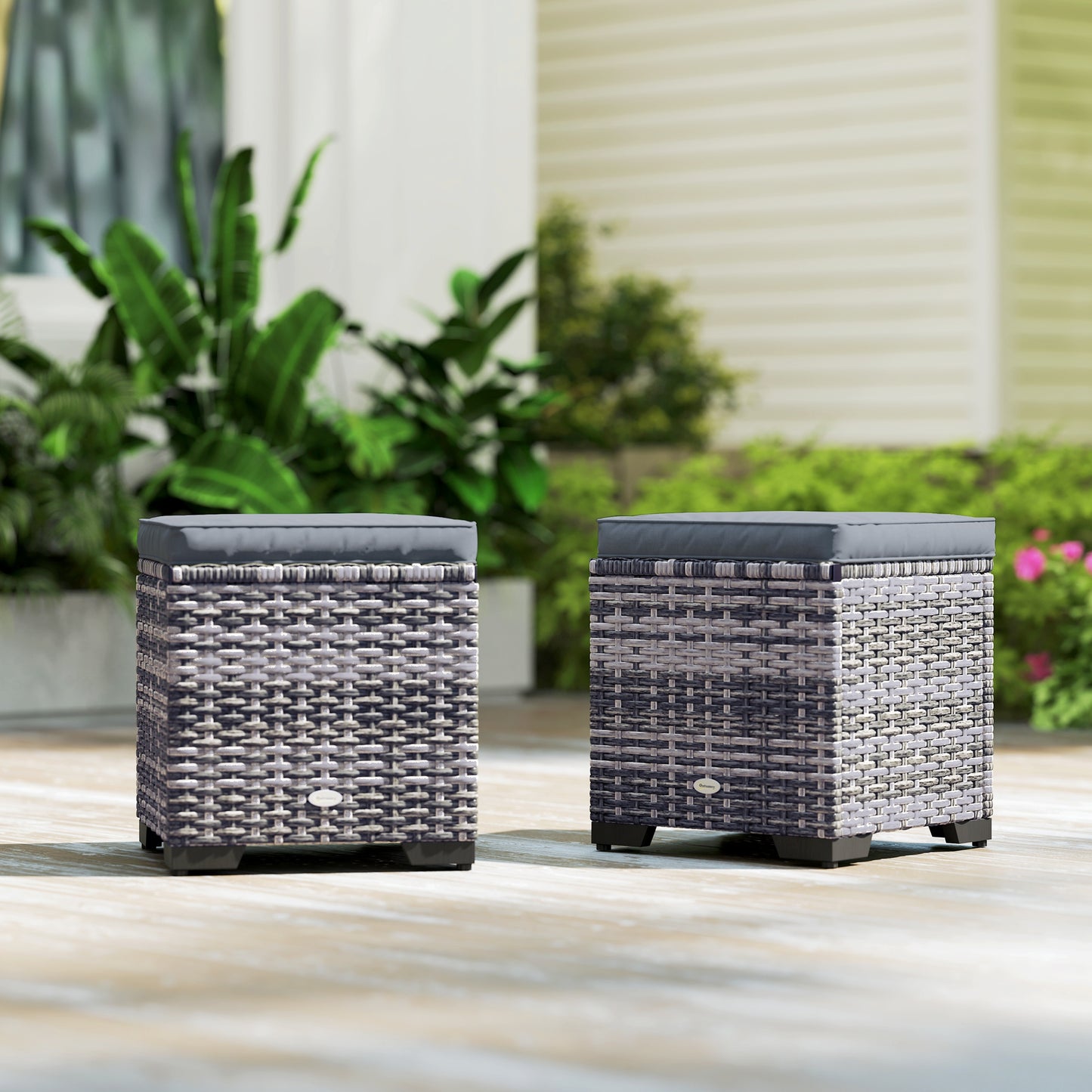 Set of 2 Rattan Storage Ottoman, Outdoor Footstool with Removable Cushions, Garden Storage Seat for Balcony, Porch
