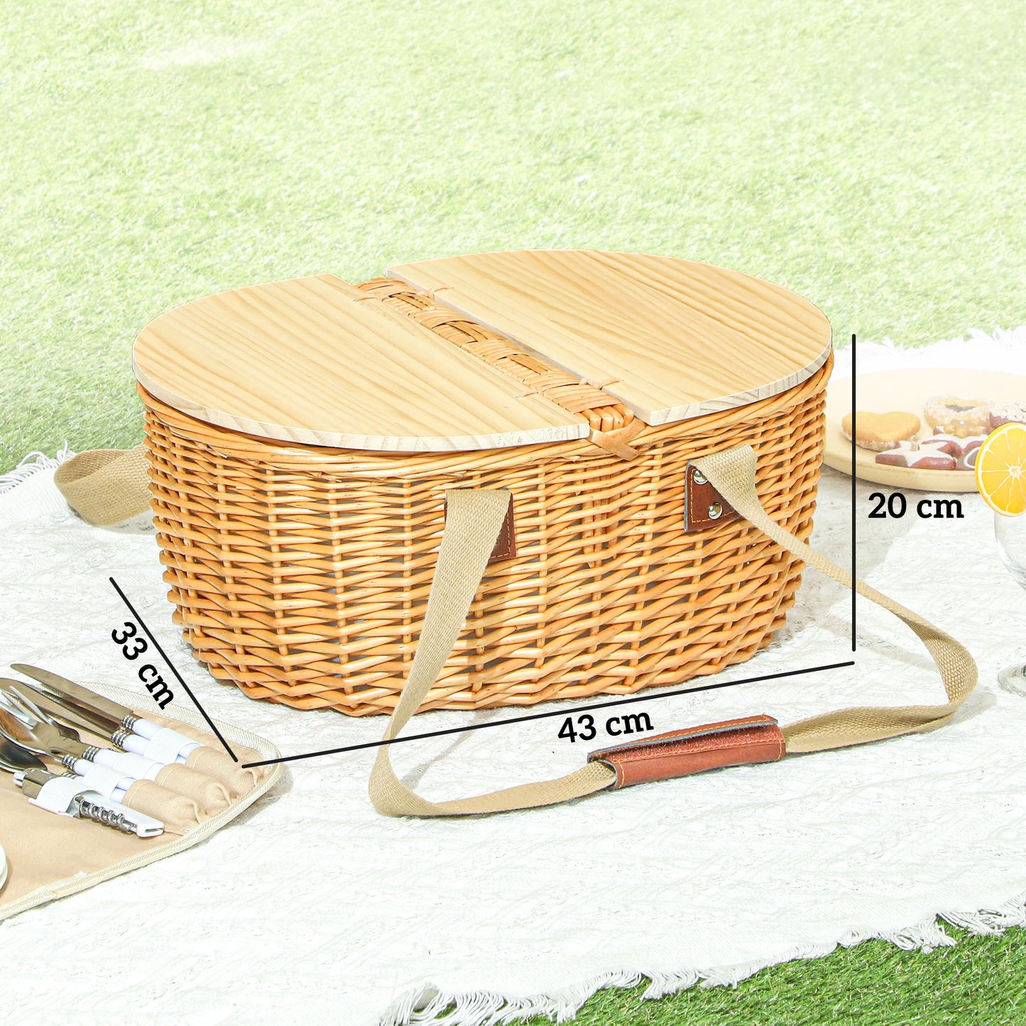 Wicker Picnic Basket for 2 with Pine Wood Lid, Picnic Hamper with Cooler Compartment, Cutlery Service Kits