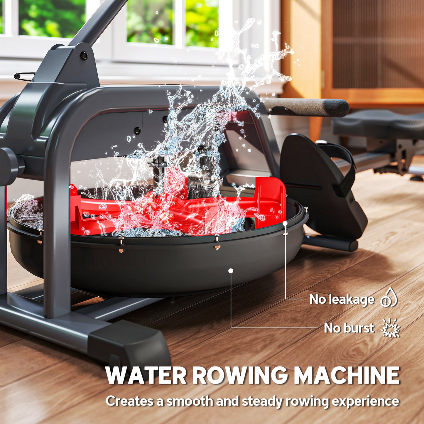 Water Rowing Machine with Wheels, Vertical Storage, Adjustable Resistance, for Strength, Cardio Training