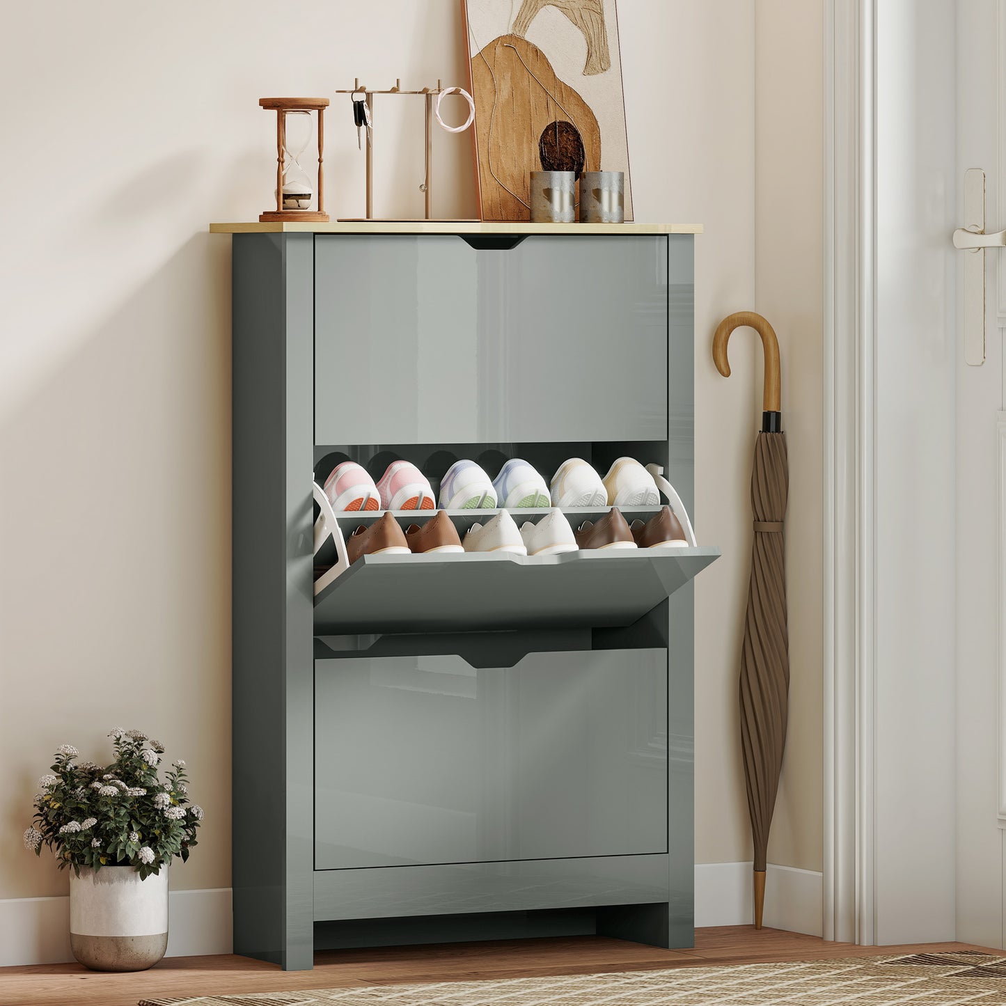 Slim Shoe Cabinet, Narrow Shoe Cupboard with 3 Flip Drawers, Adjustable Shelves for 18 Pairs of Shoes, Light Grey