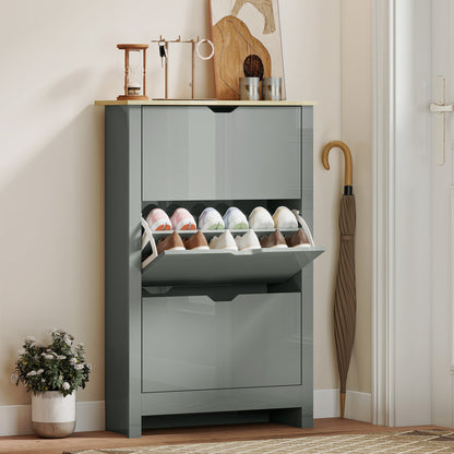 Slim Shoe Cabinet, Narrow Shoe Cupboard with 3 Flip Drawers, Adjustable Shelves for 18 Pairs of Shoes, Light Grey