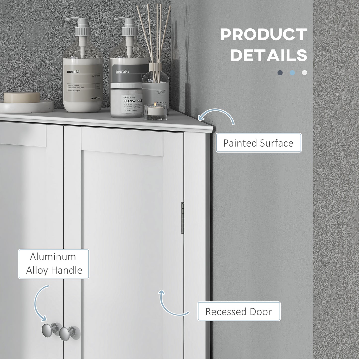 Corner Cabinet, Triangle Bathroom Storage Cabinet with Adjustable Shelf and Recessed Door, Free Standing, White