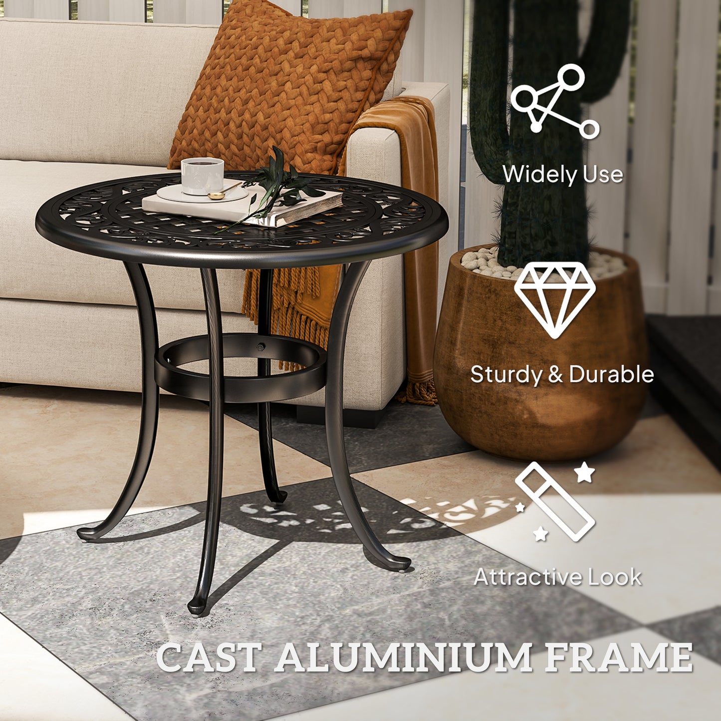 Outdoor Garden Table, Cast Aluminium Patio End Table with Anti-slip Foot Pads for Garden, Patio, Balcony, 60 x 60 cm, Black