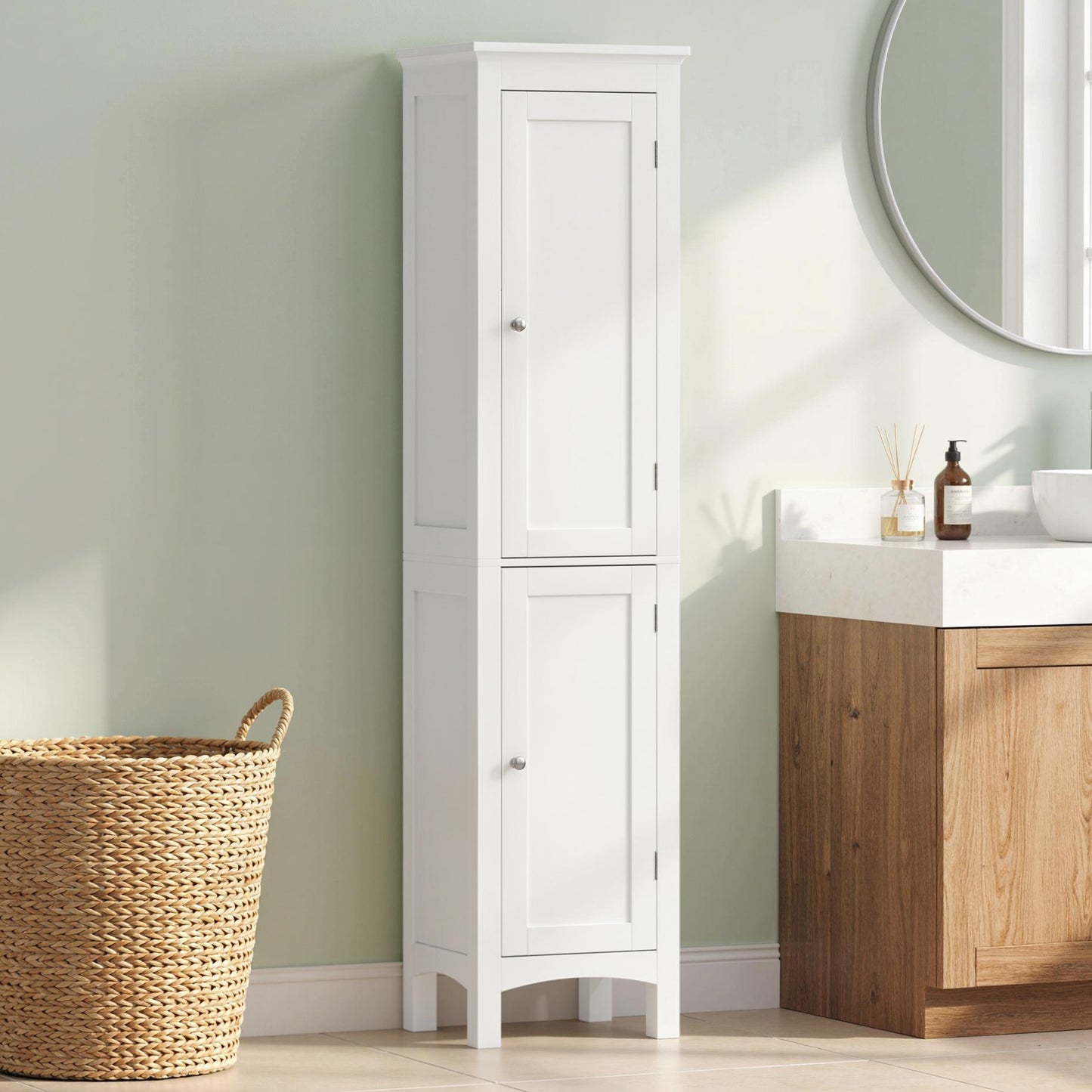 Tall Bathroom Storage Unit, Slim Bathroom Cabinet with Adjustable Shelves and Double Door, White