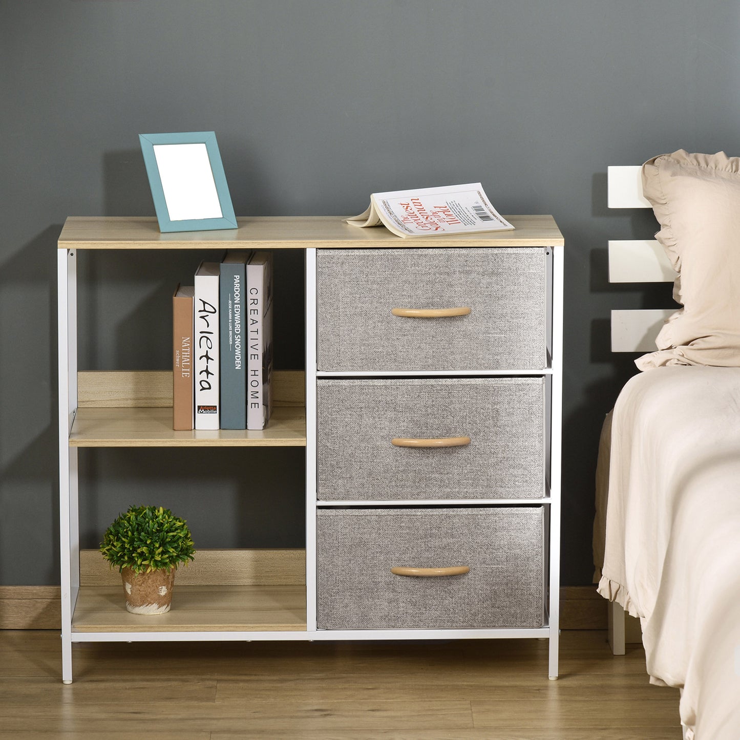 Chest of Drawers Storage Dresser Cabinet Organizer with 3 Fabric Drawers and 2 Display Shelves for Living Room, Bedroom