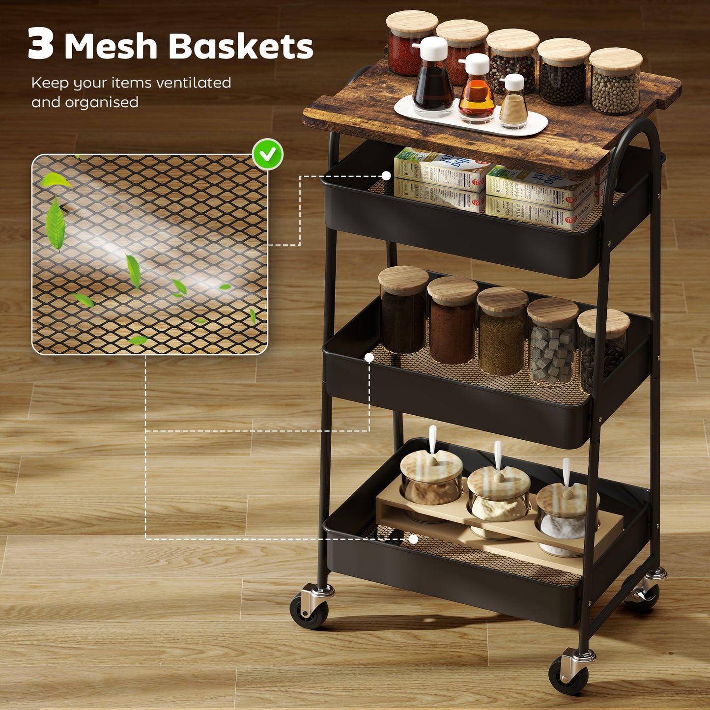 3-Tier Kitchen Storage Trolley with on Wheels Cover Top Board - Rustic Brown and Black