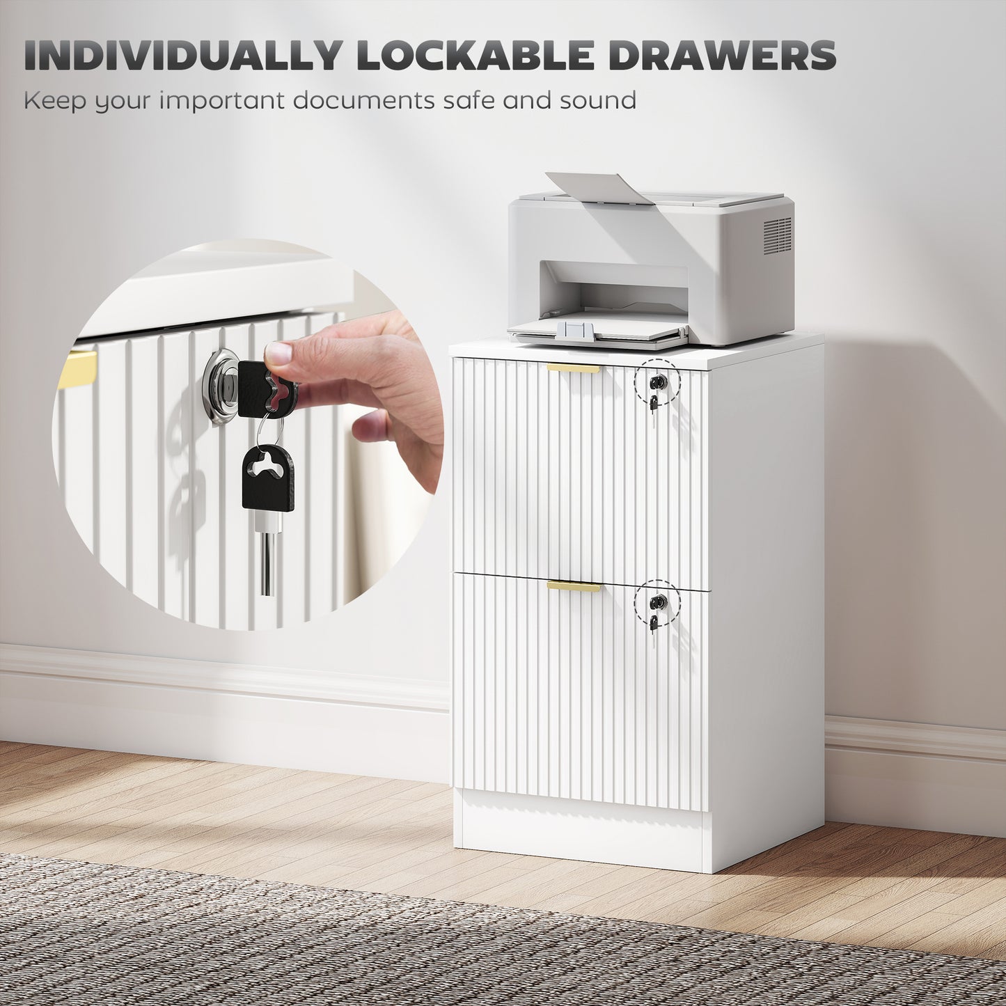 Filing Cabinet, Fluted Vertical File Cabinet with 2 Lockable Drawers and Hanging Rails, White