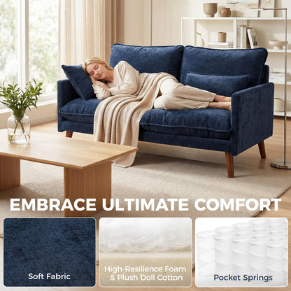 2 Seater Sofa, Loveseat Sofa with Spring Cushions, Wide and Deep Seat, Wood Legs, Blue