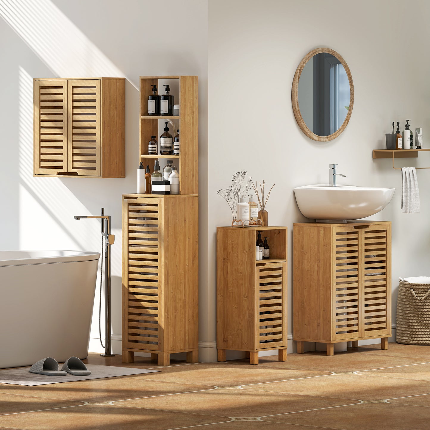 Under Sink Bathroom Cabinet, Freestanding Bamboo Under Sink Cabinet with Louvered Doors and Adjustable Shelf, Natural