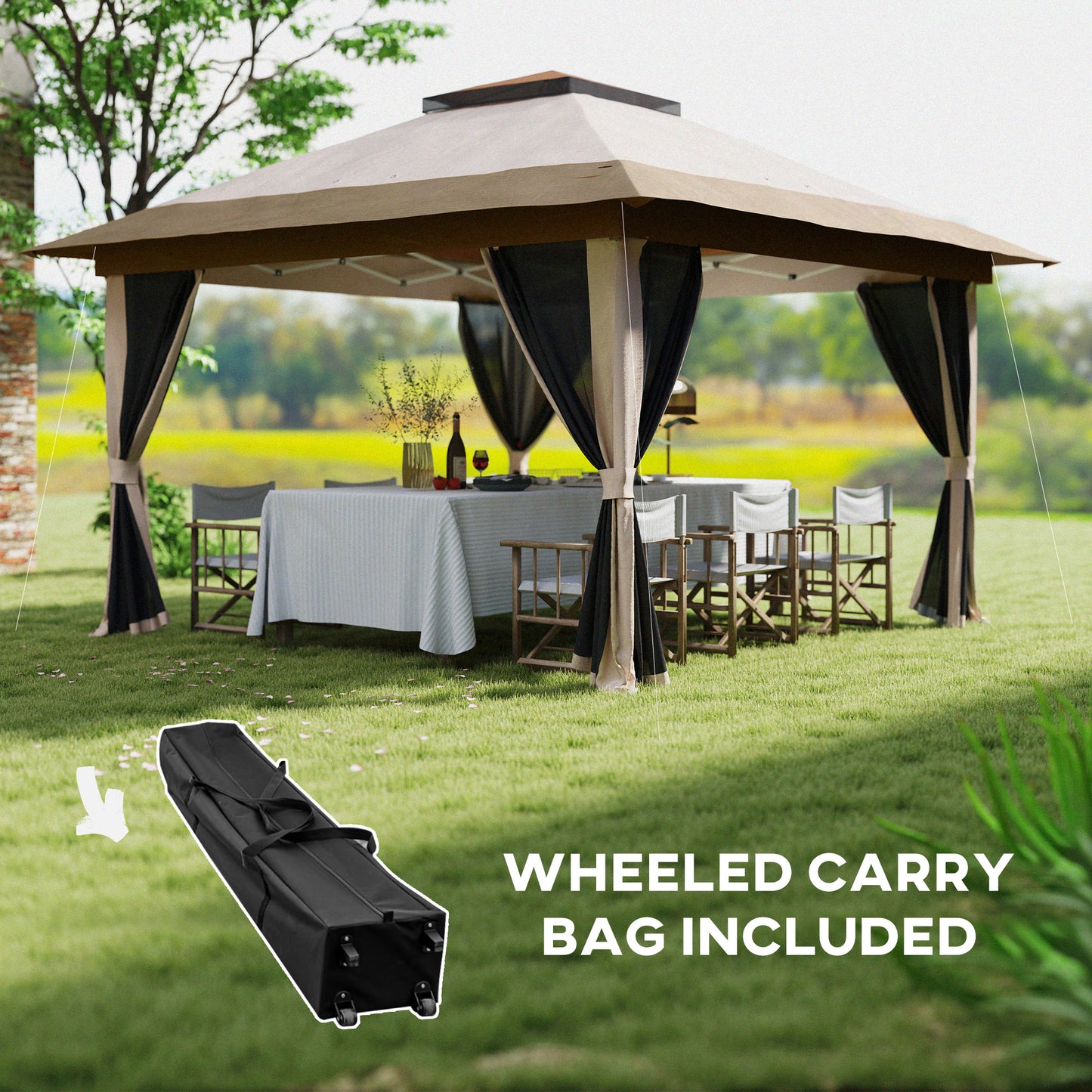 3.6 x 3.6m Pop-Up Gazebo, with Accessories - Beige