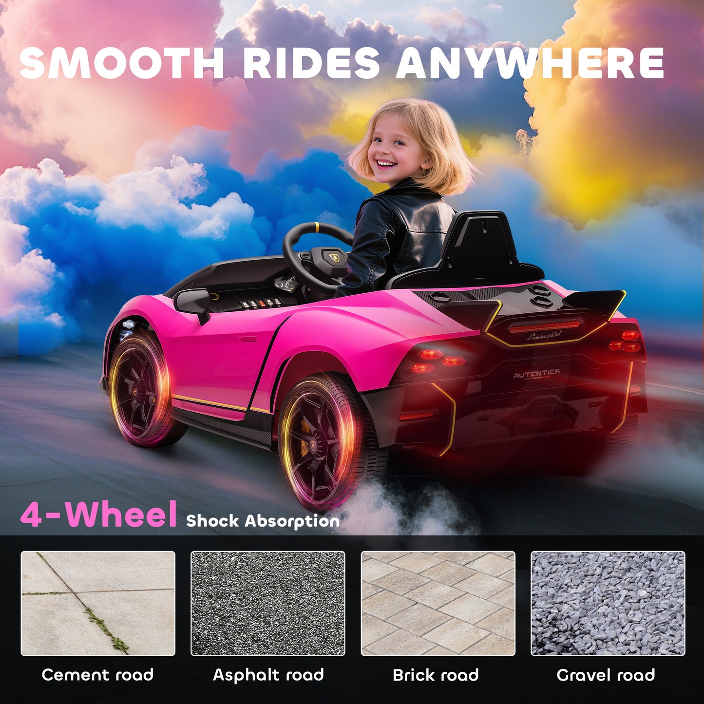 12V Lamborghini Autentica Licensed Kids Electric Car with Remote Control, 4 Suspension Wheels, Soft Start, Pink