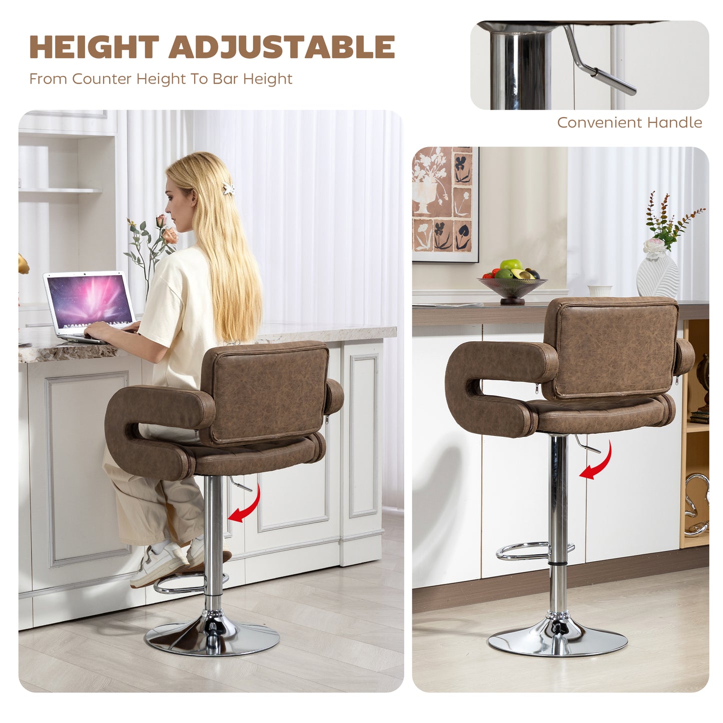 PU Leather Upholstered Swivel Bar Stool, Height Adjustable with Back, Armrest, Footrest, Coffee
