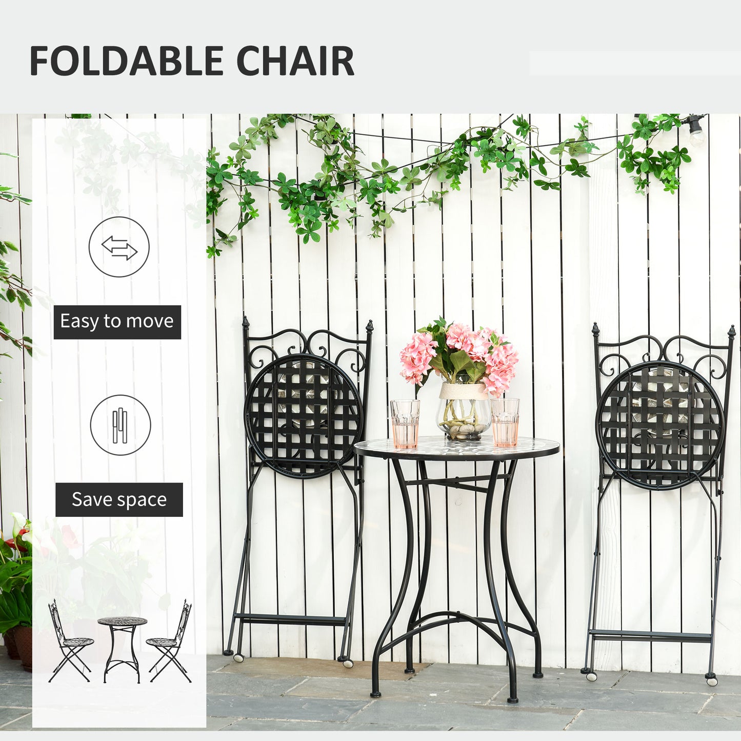 3 Pcs Mosaic Tile Garden Bistro Set Outdoor Seating w/ Table 2 Folding Chairs Set Metal Frame Elegant Scrolling Indoor Patio