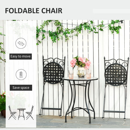 3 Pcs Mosaic Tile Garden Bistro Set Outdoor Seating w/ Table 2 Folding Chairs Set Metal Frame Elegant Scrolling Indoor Patio